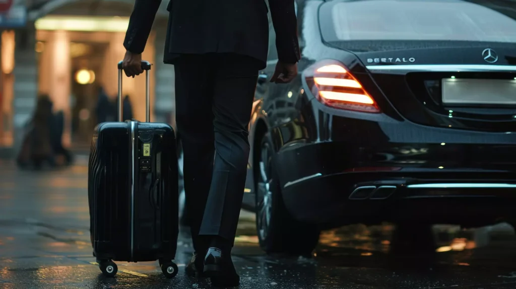client avec sa valise qui monte dans un taxi pour aller à Verbier